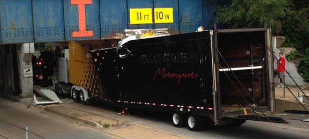 Truck Carrying Four Corvettes to Bloomington Gold Crashes into Low Bridge