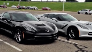 Two 2014 Corvette Stingrays in a GM Parking Lot