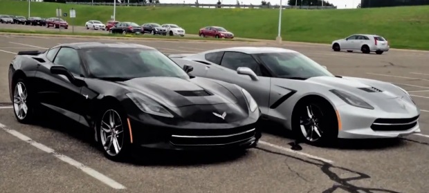 Two 2014 Corvette Stingrays in a GM Parking Lot