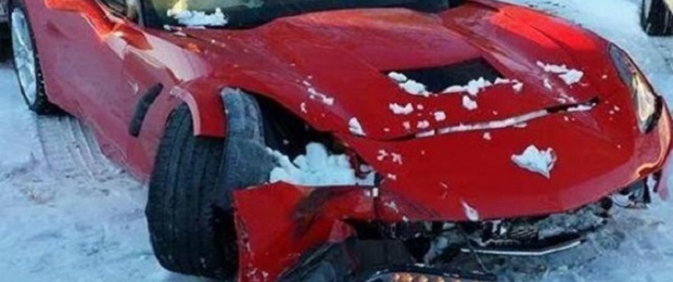 Red 2014 Corvette Stingray Crashes in Snow