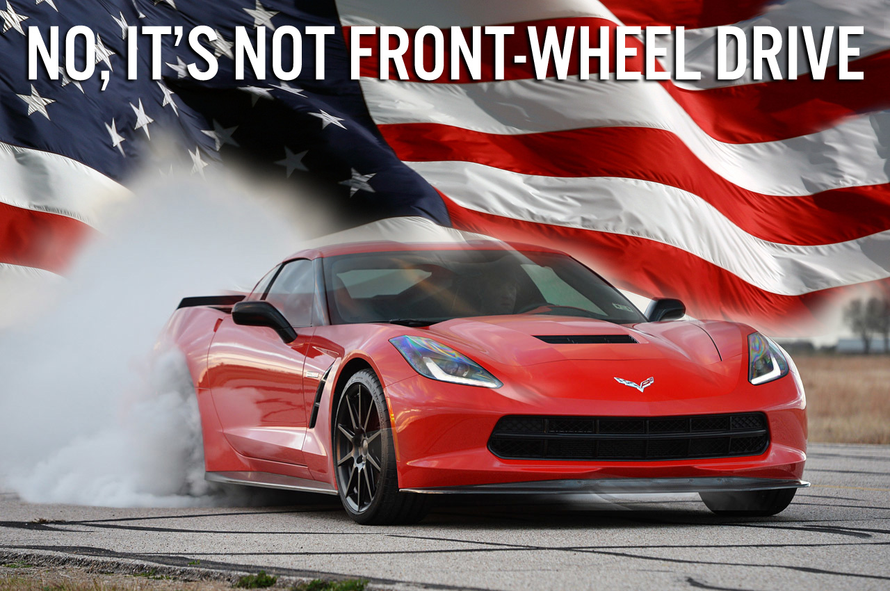 C7 Corvette Stingray with American Flag Front-Wheel Drive Meme
