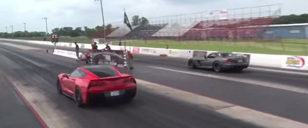 Woman in C7 Rattles Man in Viper on Drag Strip