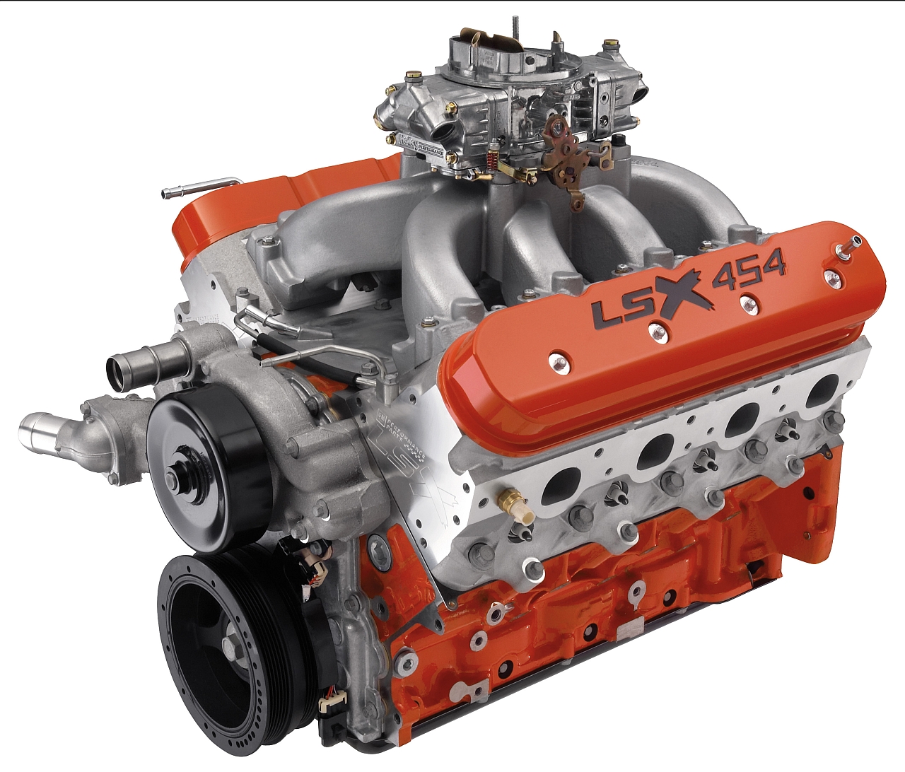The all-new LSX 454 crate engine uses LSX forged rotating parts and a newly developed 0.635-inch-lift hydraulic roller cam, making this a monster LS engine in a classic cubic-inch combo. Through its four-barrel carburetor, itÕs rated at 620 horsepower.  X09SP_PA014