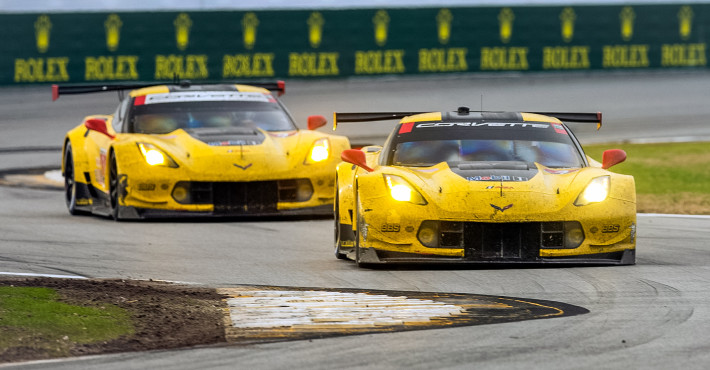 The #4 Chevrolet Corvette Racing C7.R, driven by Oliver Gavin, Tommy Milner and Marcel Fässler races to victory in the GTLM class Sunday, January 30, 2016, winning the Rolex 24 At Daytona WeatherTech SportsCar Championship endurance race at Daytona International Speedway in Daytona Beach, Florida. The #3 Chevrolet Corvette Racing C7.R, driven by Jan Magnussen, Antonio Garcia and Mike Rockenfeller finishes 2nd.(Photo by Richard Prince for Chevy Racing)