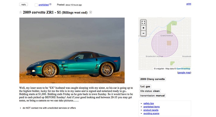 Scorned Wife Puts Husband’s C6 Corvette ZR1 Up on Craigslist for $1,000