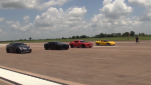 A Corvette Z06, Cadillac CTS-V and Two Chevy Camaros Go 4-Wide on an Airstrip