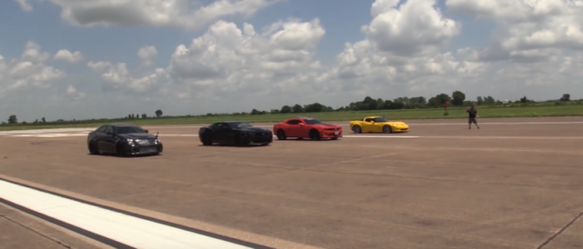 A Corvette Z06, Cadillac CTS-V and Two Chevy Camaros Go 4-Wide on an Airstrip