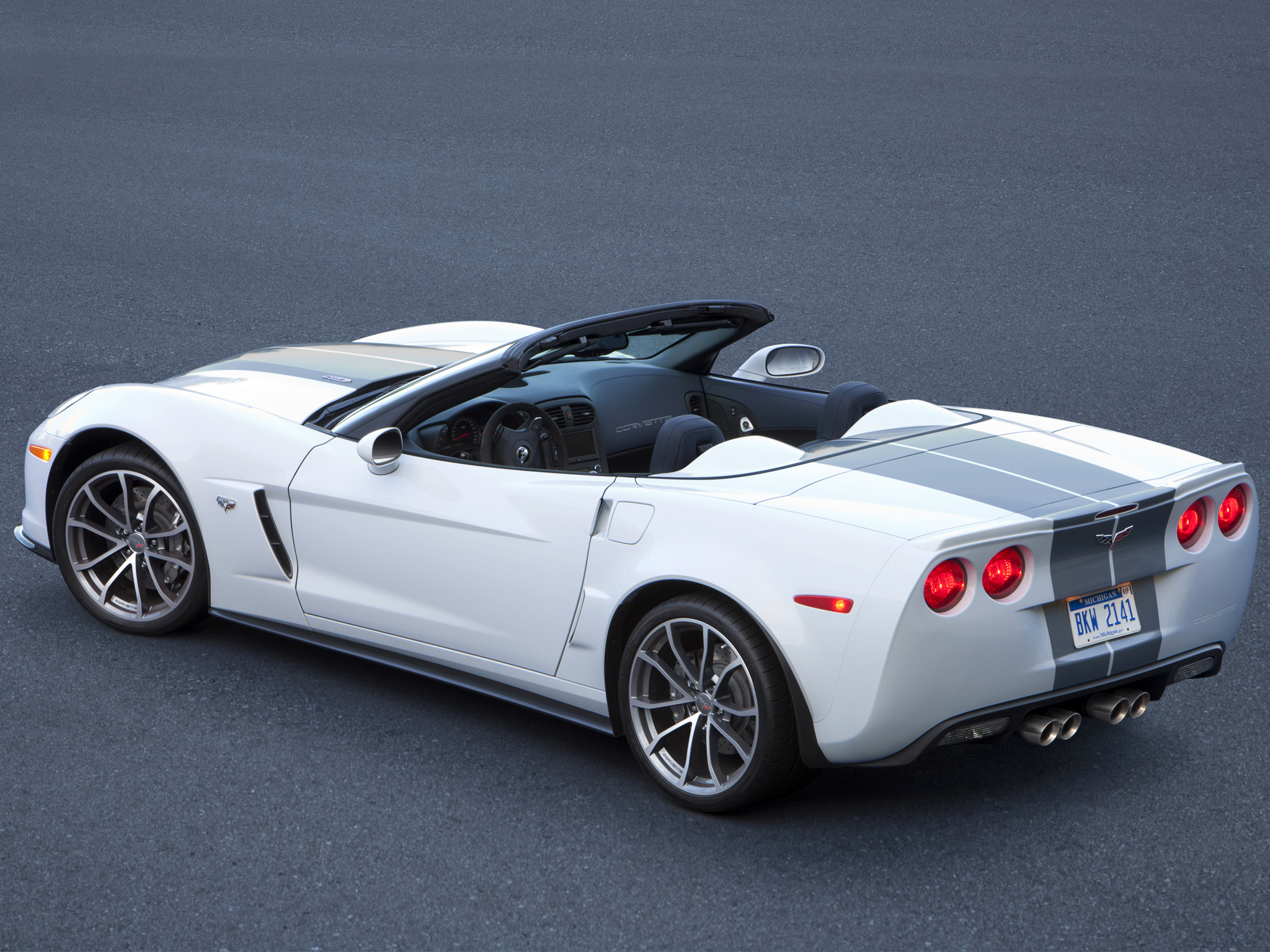 The 505-hp (337 kW) 2013 Corvette 427 Convertible is the fastest, most-capable convertible in Corvette's history, and is available in all colors, including the white-over-blue 60th Anniversary package that commemorates Corvette's debut in January, 1953.