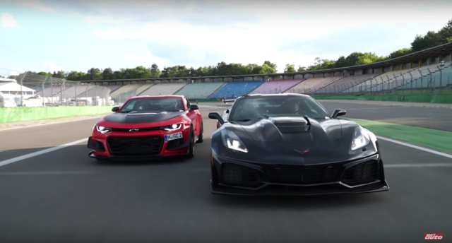 Chevy Camaro ZL1 1LE battling a Corvette ZR1 at Hockenheim.