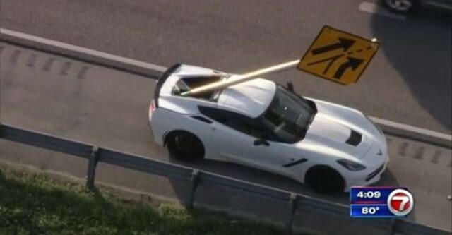 Bizarre Crash Leaves Corvette Impaled By Road Sign