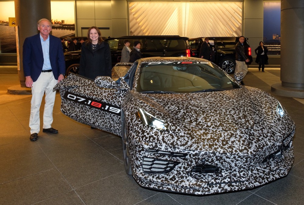 Chevrolet Corvette Chief Engineer Tadge Juechter and General Motors Chairman and CEO Mary Barra Thursday, April 11, 2019 with a camouflaged next generation Corvette near Times Square in New York, New York. The next generation Corvette will be unveiled on July 18. (Photo by Steve Fecht for Chevrolet)