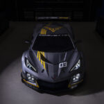 Front overhead view of 2024 Chevrolet Corvette Z06 GT3.R in spotlight. Pre-production model shown. Actual production model may vary. Model year 2024 Corvette Z06 GT3.R will be available later this year.